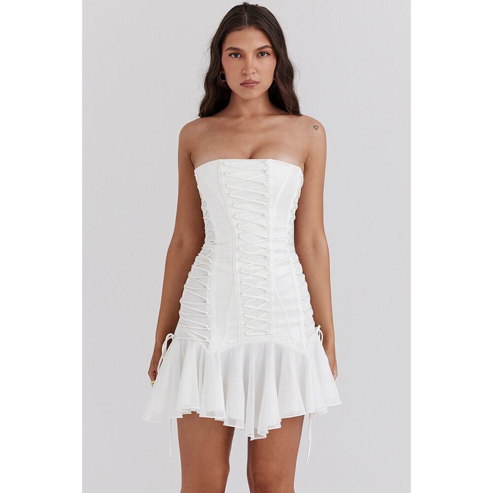 House of CB Sirena white strapless lace up mini dress